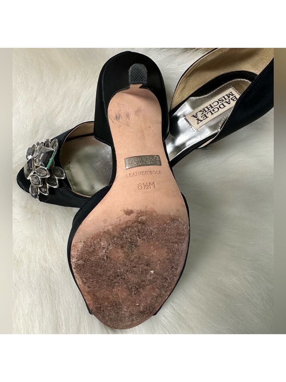 BADGLEY MISCHKA BLACK SATIN D’ORSAY OPEN TOE RHINESTONE EMBELLISHED HEELS 6.5M - Picture 5 of 9